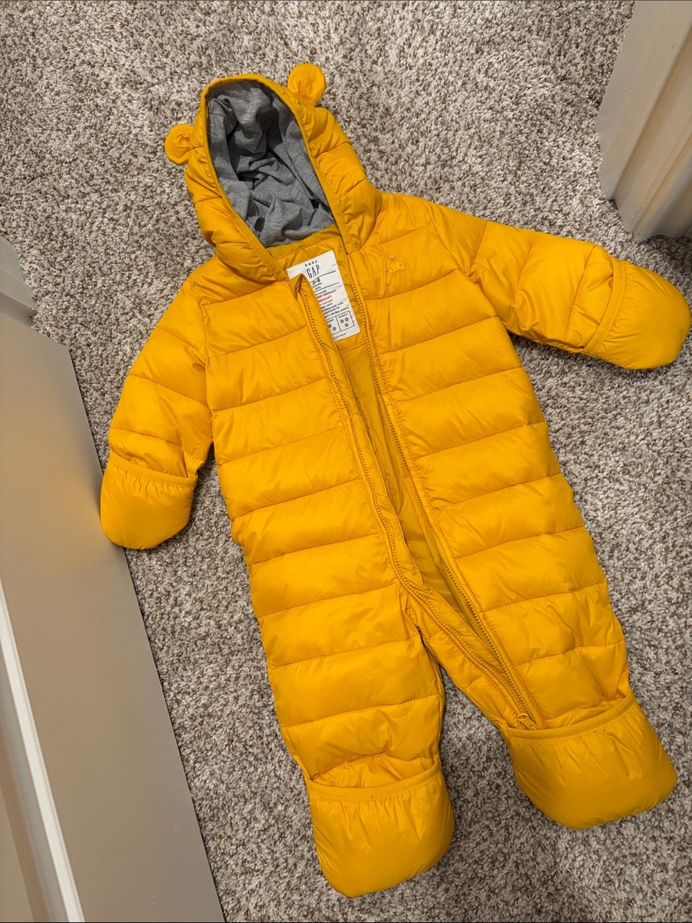 GAP Baby Yellow Puffer One-Piece Snowsuit with Hood and Ears